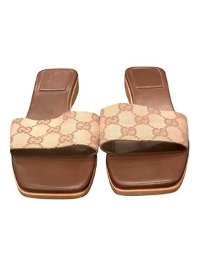 Auth GUCCI Brown Leather & wood Slide Sandal  canvas GG EUC RARE 8